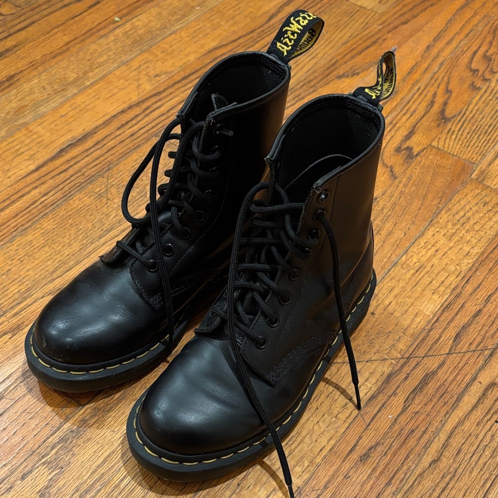 Dr. Martens Black Leather Boots with Yellow Stitching